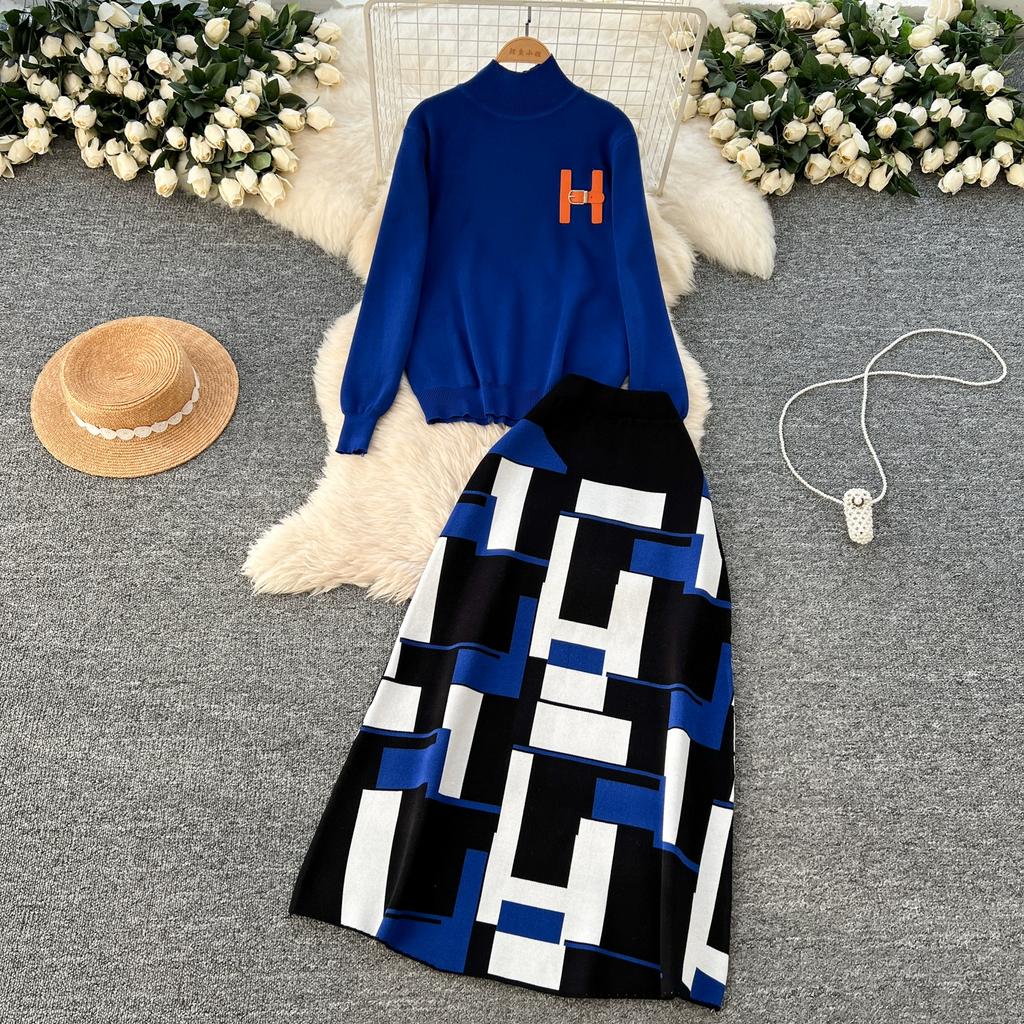 Høst Vinter Kvinner Elegant Strikket Genser Kontor Todelt Sett Ståkrage Pullover Topper og Lang Maxi Skjørt Dress