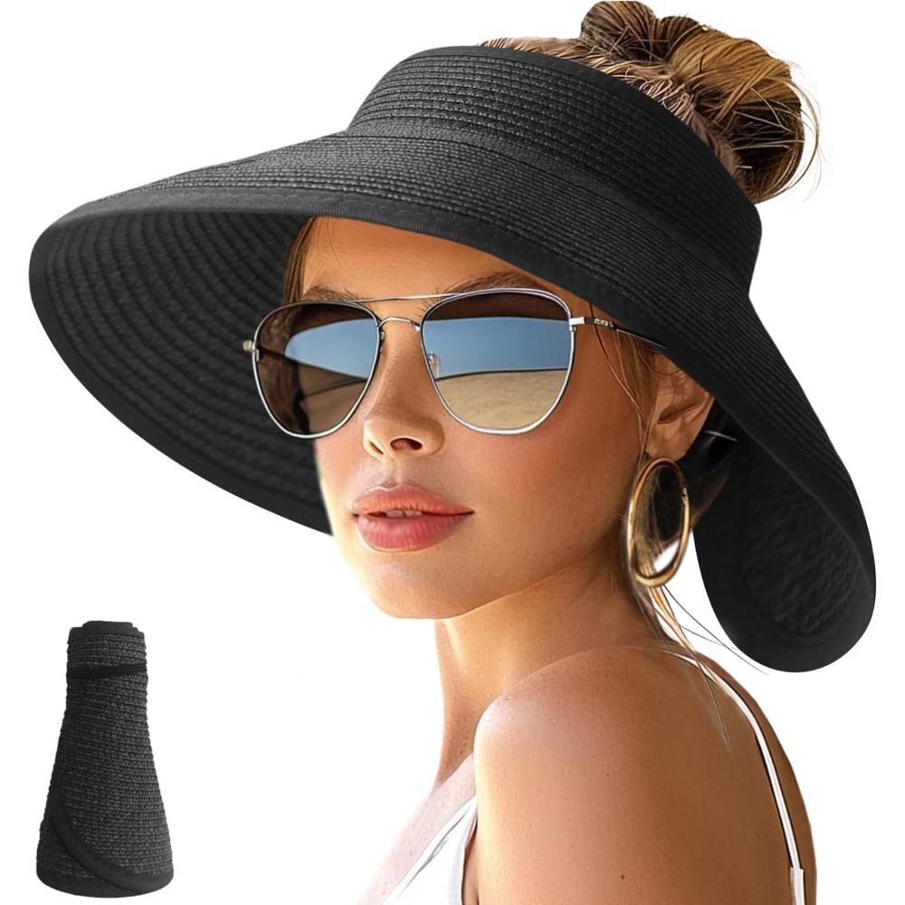 Women'S Sun Hats with Wide Brim, Roll-Up Design for Beach, Ponytail-Friendly, Packable And Foldable Straw Visor for Travel