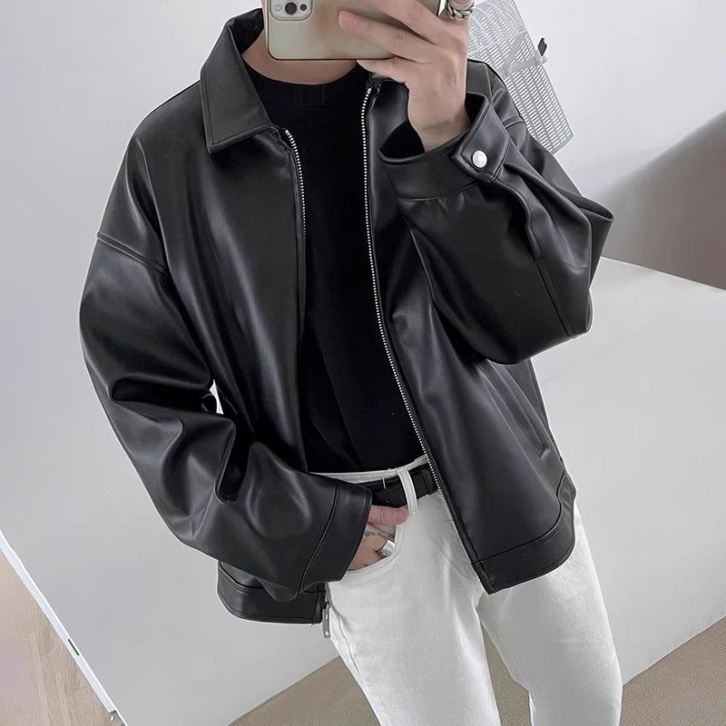 Herren Retro Leder Motorradjacke - High-End, Verdickt, Trendiger Koreanischer Stil mit Schurkenhaft Coolem Revers für Herbst/Winter.