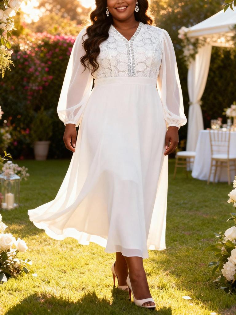 Weißes Spitzen-Chiffon-Kleid für Damen in Übergröße mit V-Ausschnitt, Fledermausärmeln & taillierter Taille für Hochzeiten oder Partys