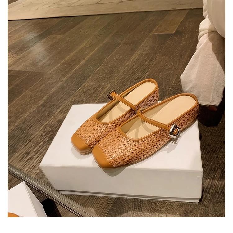 Grape mother of the same style, with an inner height increase of 5cm~ Holiday style straw woven square head cool slippers lazy half drag women's s
