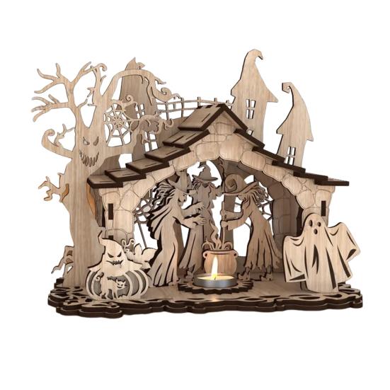 Halloween Candle Holder Spooky Wooden Witch Ghost House Candlestick Decoration for Home Indoor Party Decor