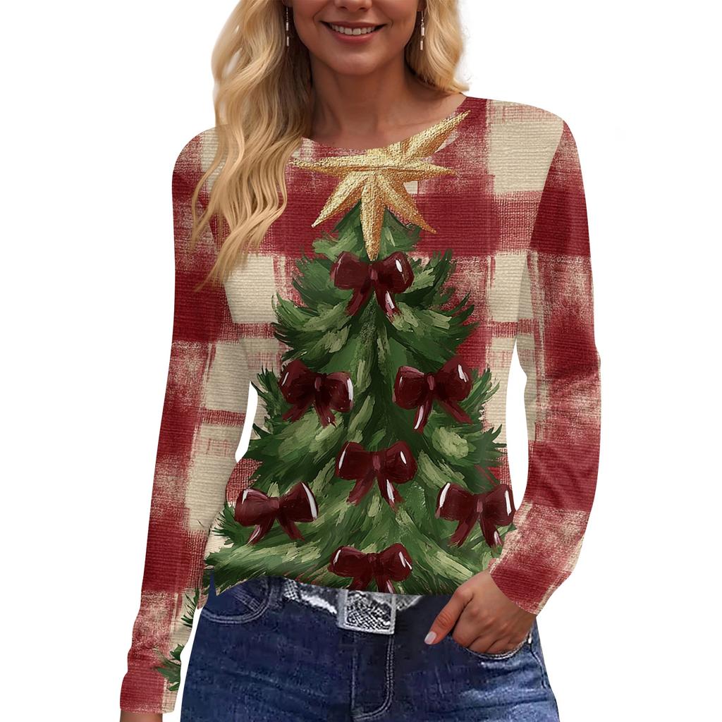 Women's Christmas Tree Print Neck Long Sleeve Top with Split Hem for Holiday