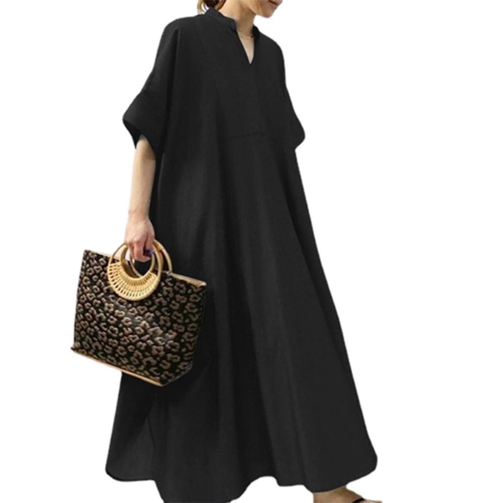 KumiModa Short Sleeve Loose Long Dress with Plus Solid Perfect for and Perfect for Going Out or Commuting Women's V-Neck, Sizes, Flattering, Slimming,