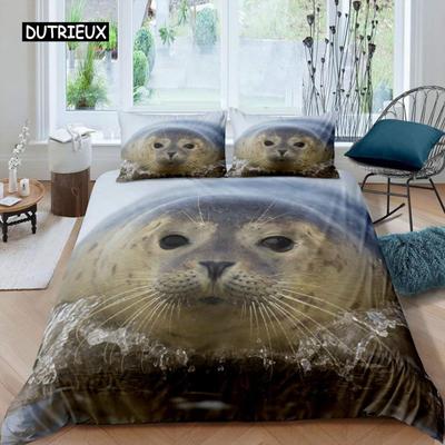 Robben-Bettbezug, Kingsize, hübsches schwimmendes Robben-Bettwäscheset, süßer Ozean-Exotik-Stil, 2/3-teilig, Meereslebewesen, Polyester-Bettbezug