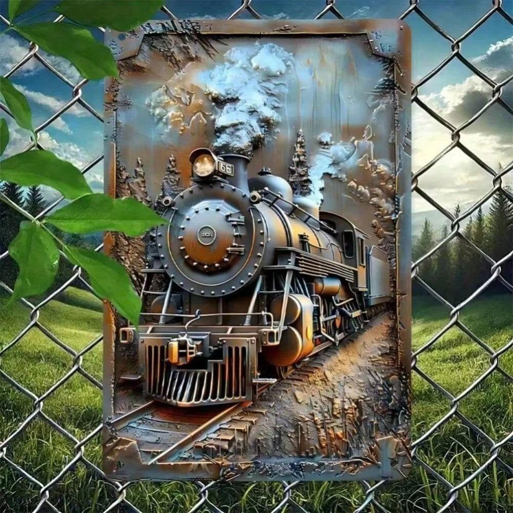 Vintage Metal Train Poster Wall Art Retro Steam Locomotive Sign for Bar Cafe Decor