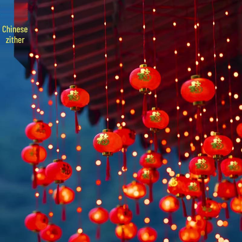 Spring Festival LED Red Lantern Ornaments: Solar Fu Character Colored String Lights for New Year Balcony Decor.