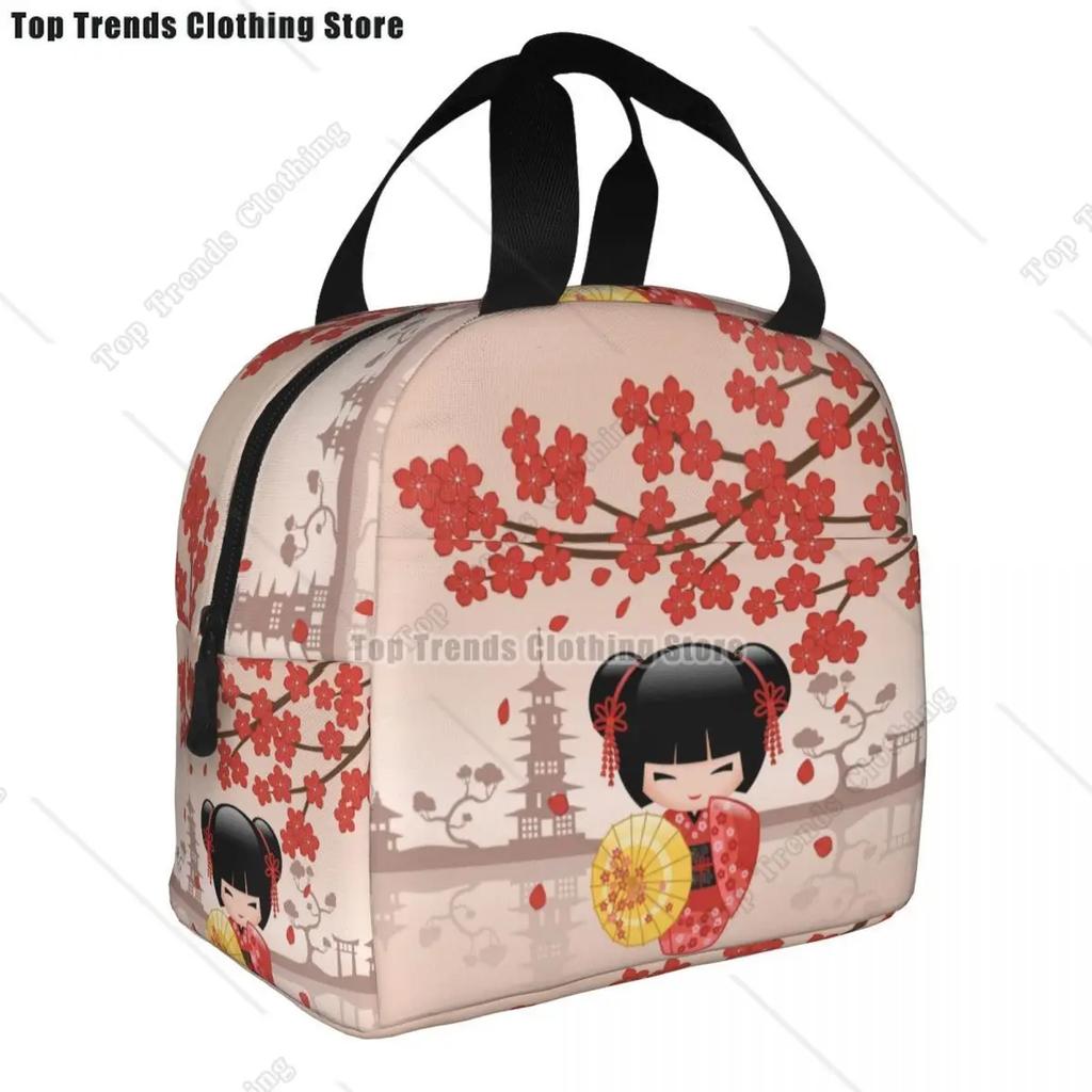 Japanese Keiko Kokeshi Doll Insulated Lunch Bag Cute Design Kimono Geisha Dolls Girls Cooler Thermal Bento Box Lunch Boxes