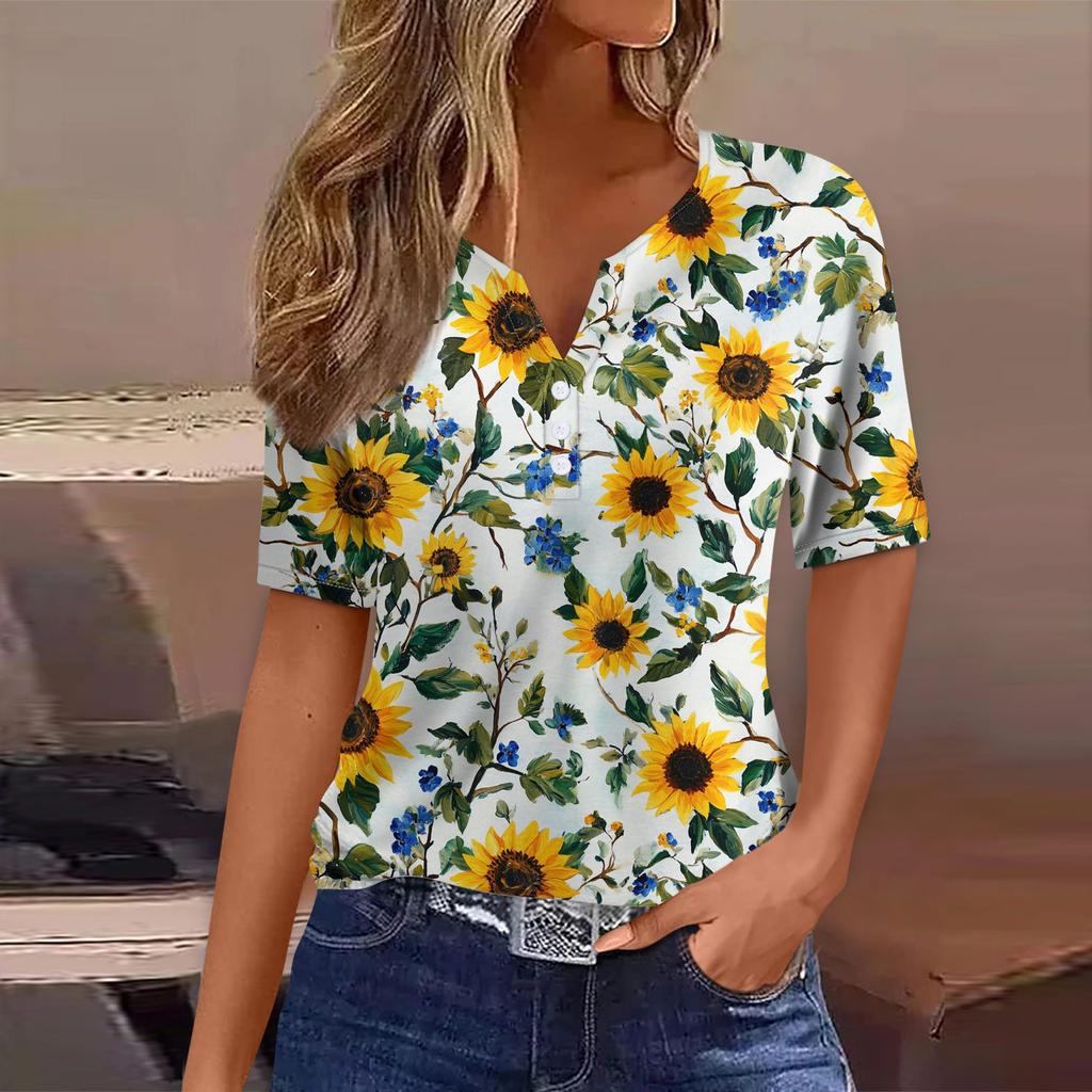 Women's T Shirt Tee Print Button Short Sleeve Daily Weekend Fashion Basic V- Neck Regular Top