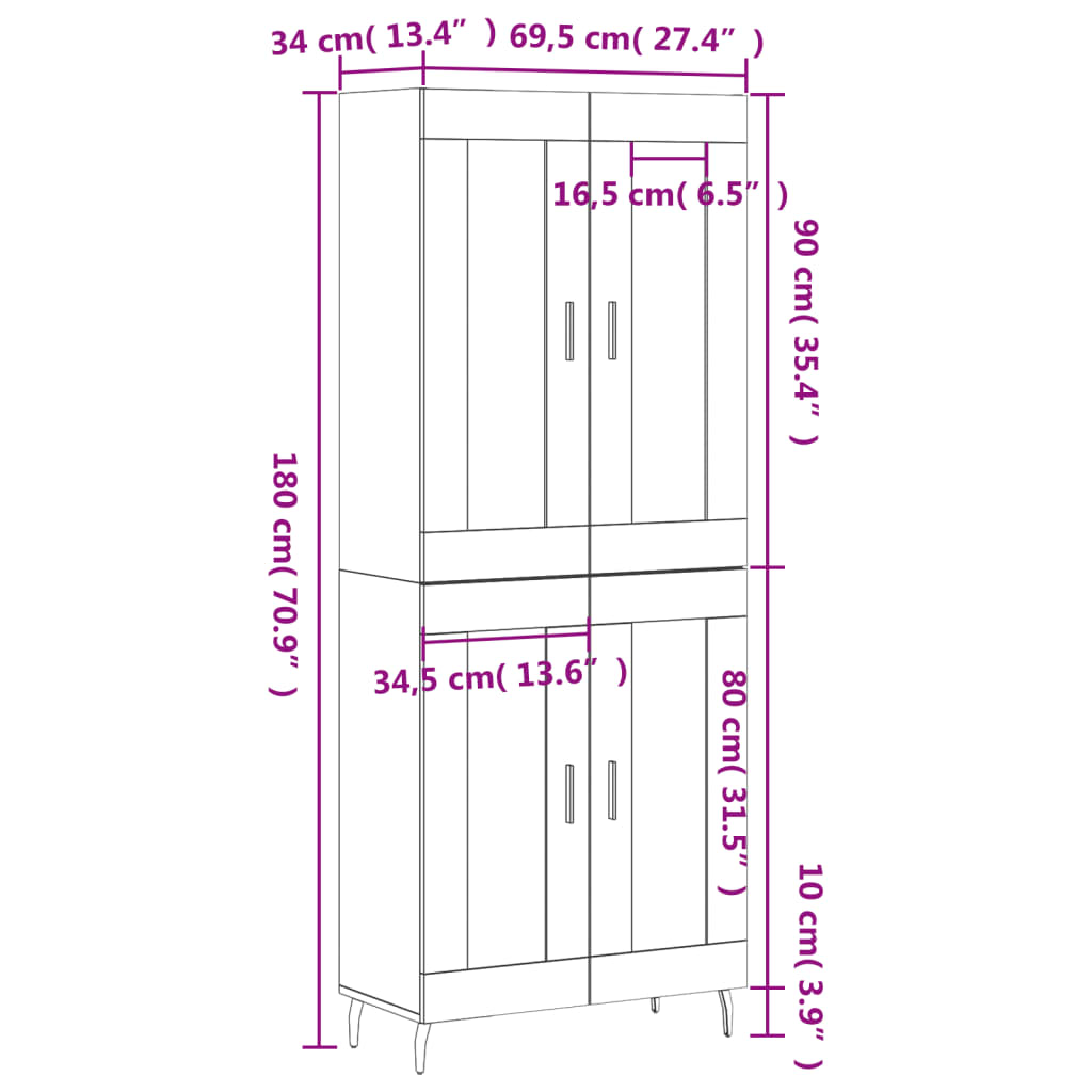 Highboard White 69.5 x 34 x 180 cm Particleboard