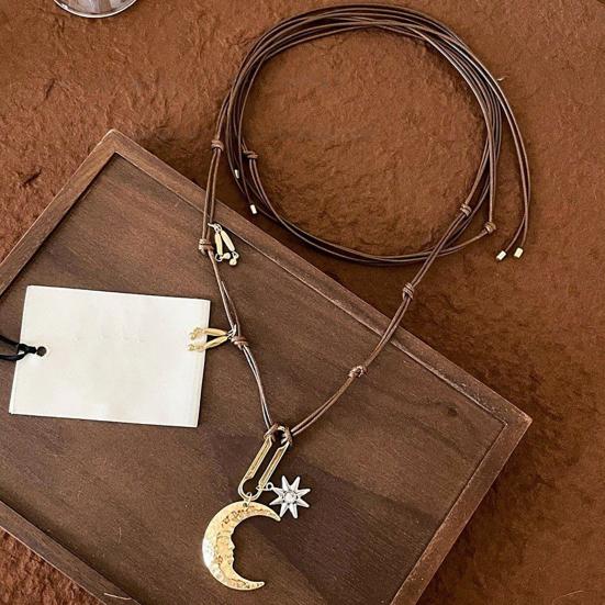 Moon Necklace for Women, Layered Crescent Moon Pendent Rope Choker Necklace, Boho Retro Adjustable Jewelry