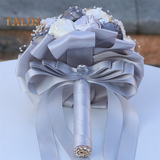 Wedding Bouquet for Bride Satin Artificial Flower Bridal Bouquet with Rhinestones Faux Pearls Bridesmaid Flower Bunch with Handle for Wedding