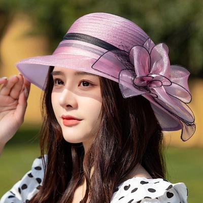 Organza Flower Sun Hats Ladies Wedding Party Floppy Summer Hats Church Hat For Women Antiuv Travel Beach Hat