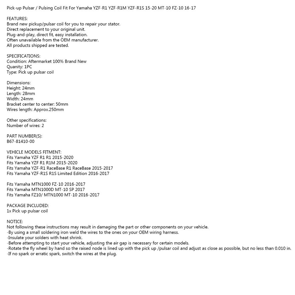 Pulsar / Pulsing Coil for Yamaha R1 YZF-R1 YZF-R1S YZF-R1M MT-10 FZ-10 2015-2020