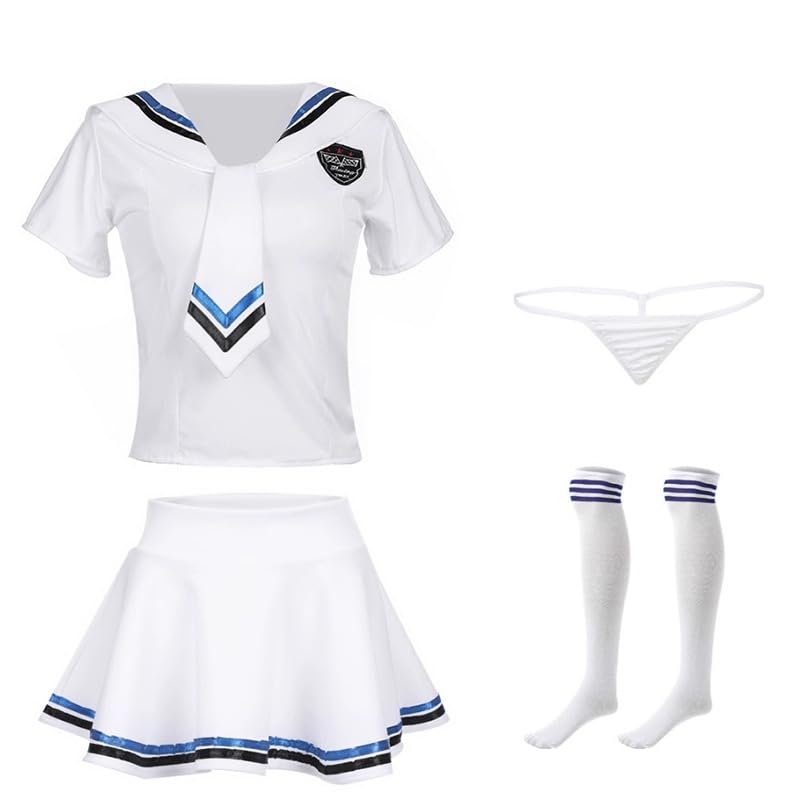 [Rhowena] Sailor Uniform Cosplay Sexy Costume Cute School Uniform White Short-Sleeve Skirt Stockings 3-Piece Set Plus Size Sailor Outfit Cosplay