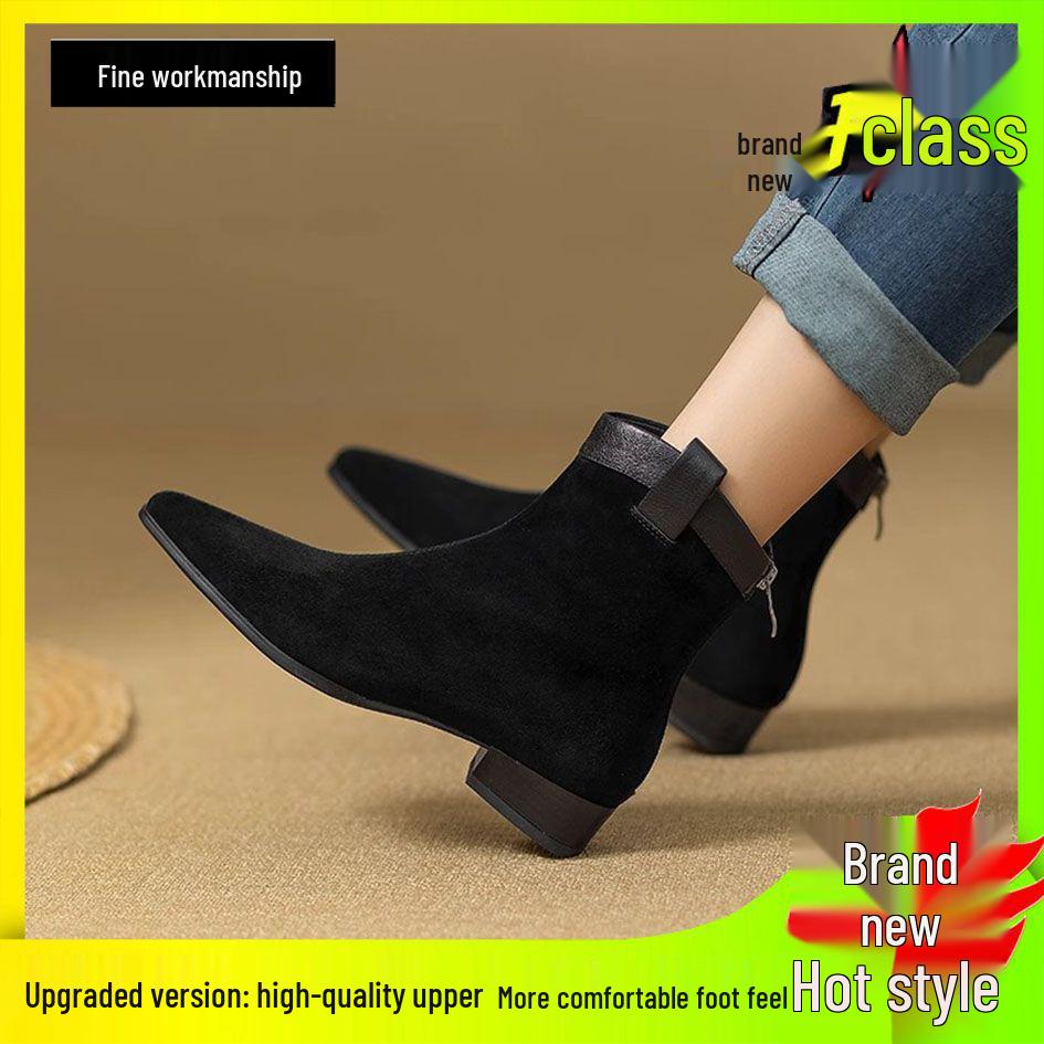 Women's Suede Retro Western Chunky Heel Ankle Boots - Soft Leather Pointed Toe Chelsea Style