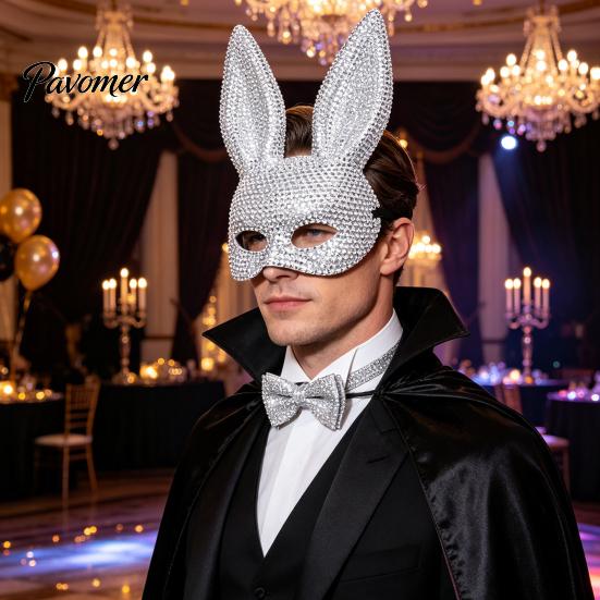 Nightclub Dance Mask Disco Mirror Rhinestone Rabbit Mask, Sparkly Glitter Bunny Face for Halloween Party, Shiny Reflective Ear Festive Cosplay