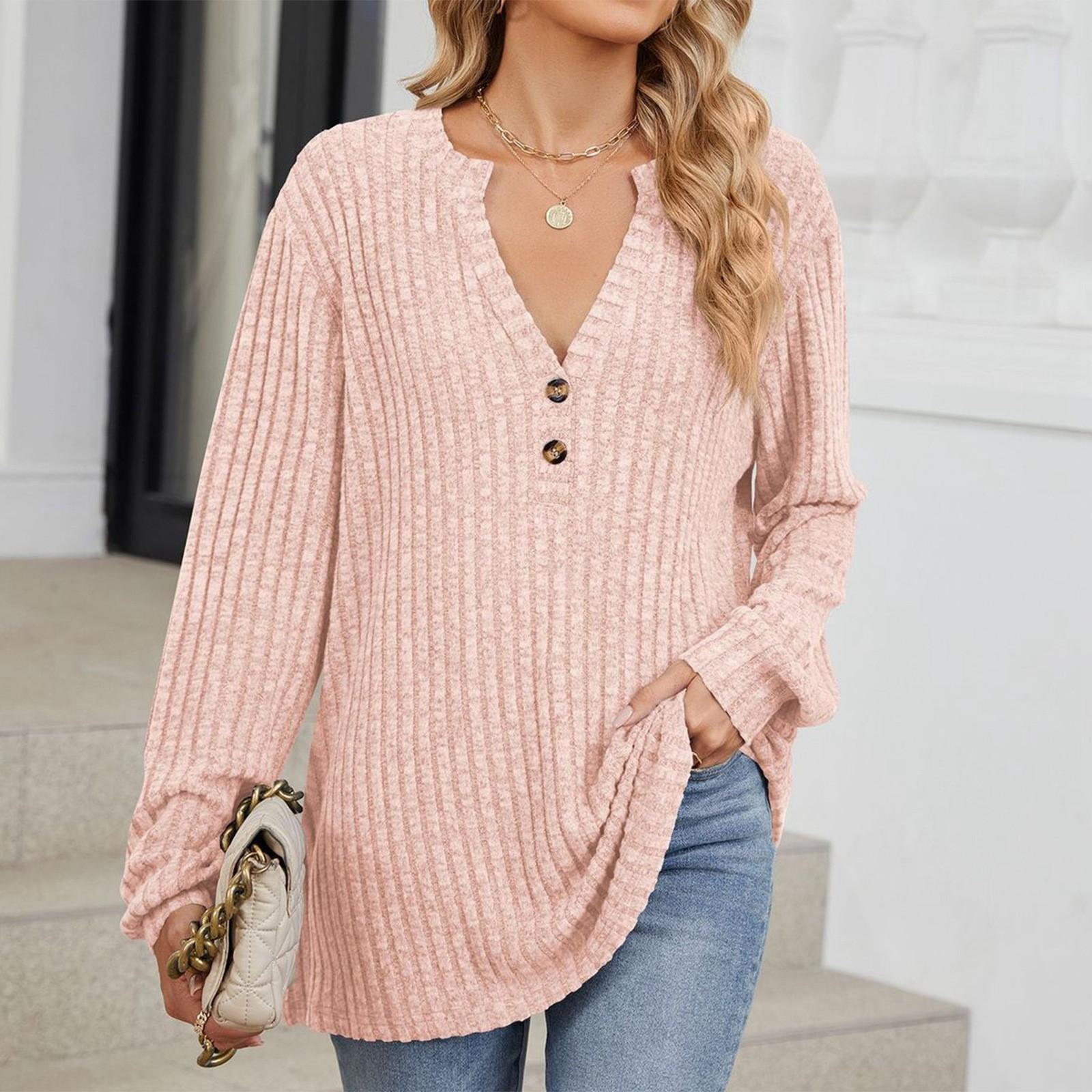 

Женская модная однотонная свободная футболка с длинными рукавами и V-образным вырезом на пуговицах XL розовый