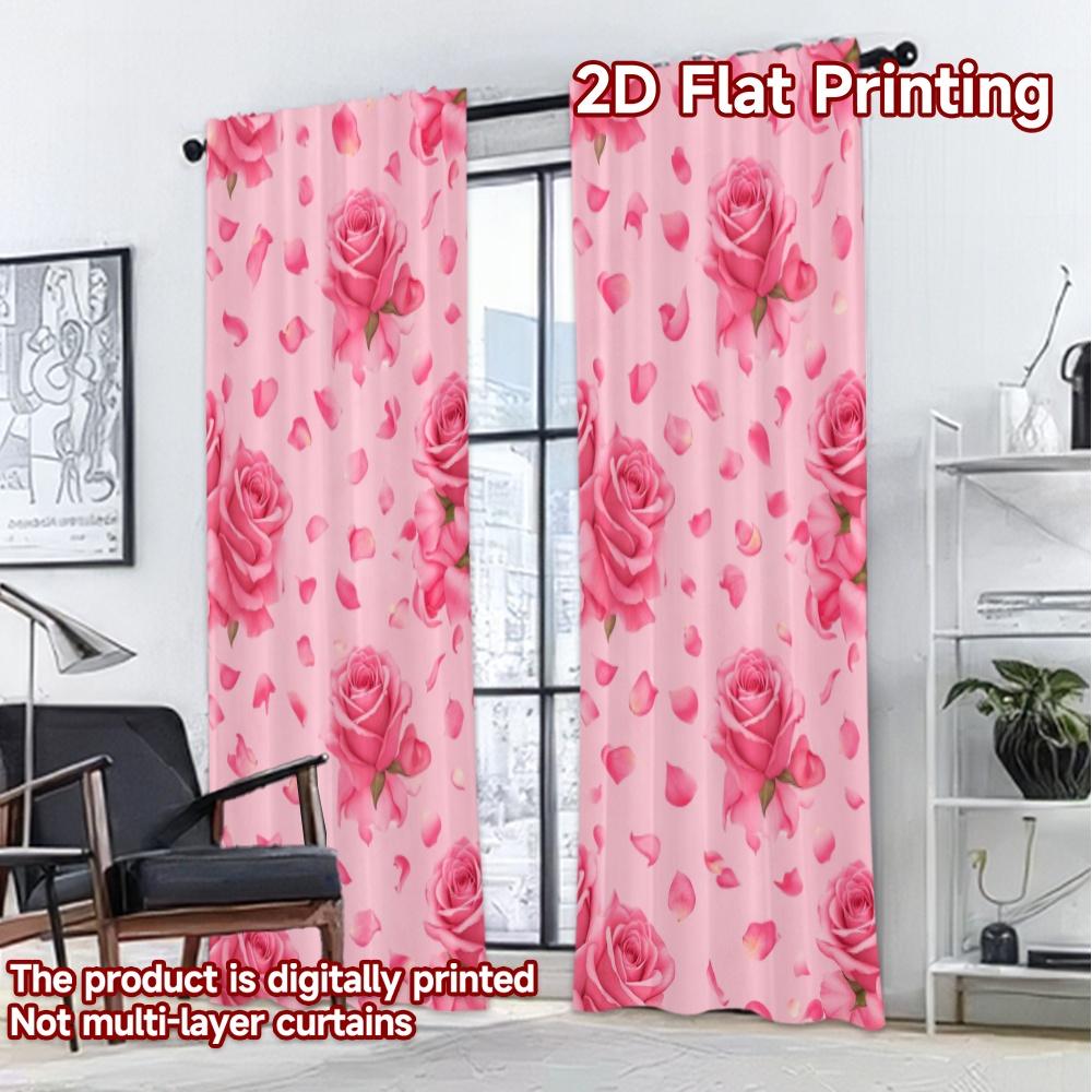 2D FLAT PRINTING 2pcs Curtains (Without Rod) Valentine's Pink Roses Pattern Modern Curtains Fabric Curtains Eid al-Fitr Suitable