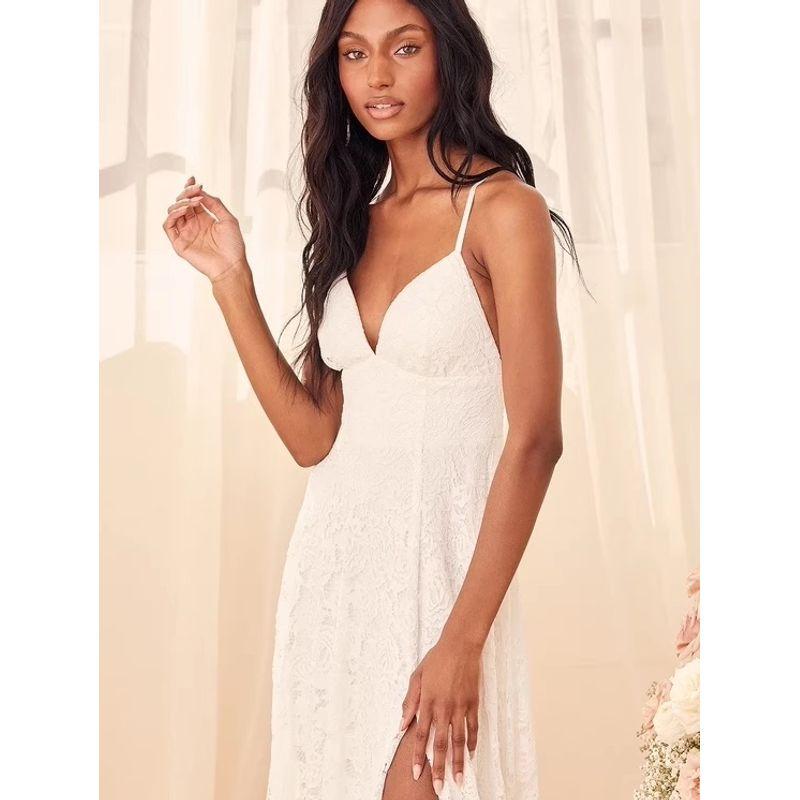 Foreign Trade Lujia Heavy Industry Lace Sling Sexy V-neck Slim fit Slimming Light Wedding Dress Split Island Trip Shoot Dress