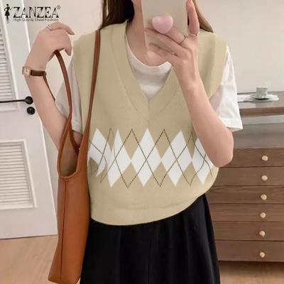 Women Geometric Print Casual V-Neck Sleeveless Vest