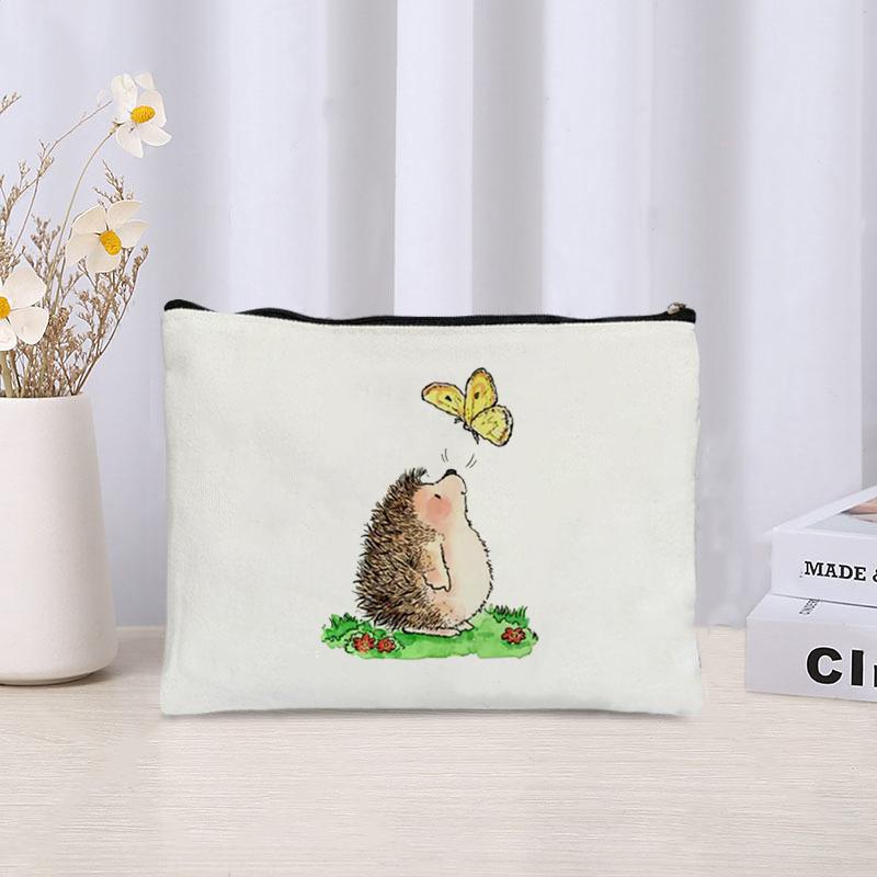 Cartoon Hedgehog Print Zipper Canvas Bag Organizer Skin Care Products Sundries Storage Cosmetic Bags Cute Stationery Pencil Case
