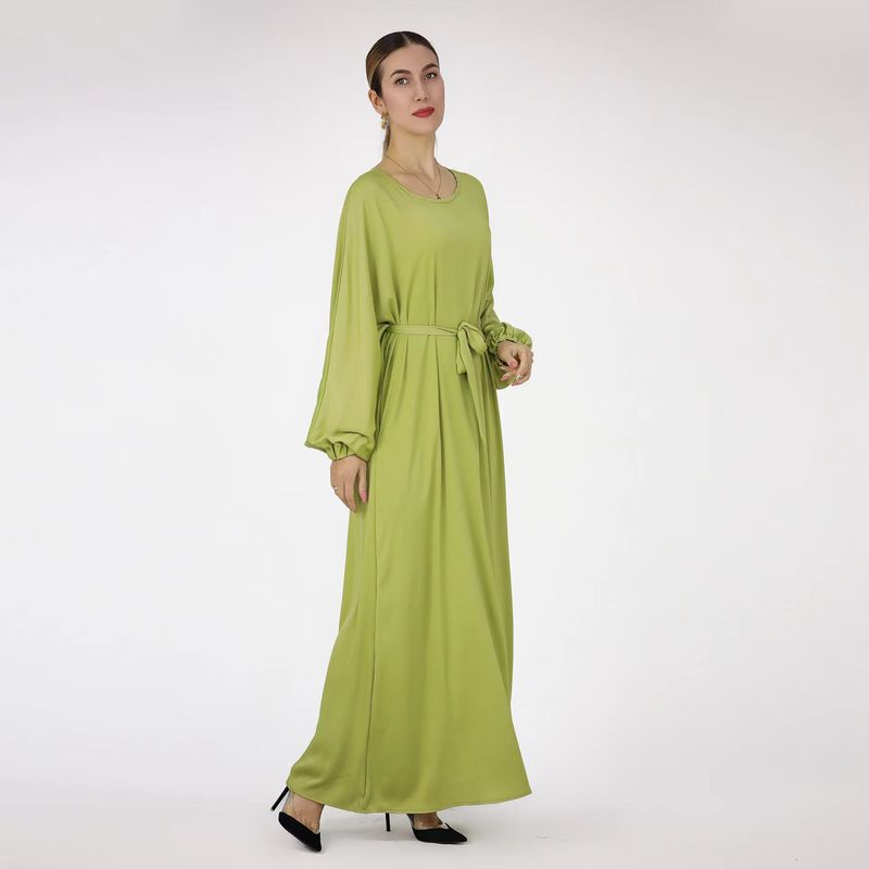 

New Arrival 2023 Ethnic Style Pure Color Dress round Neck Tied Long Dress round Neck Lace up Dress Grass Green XL