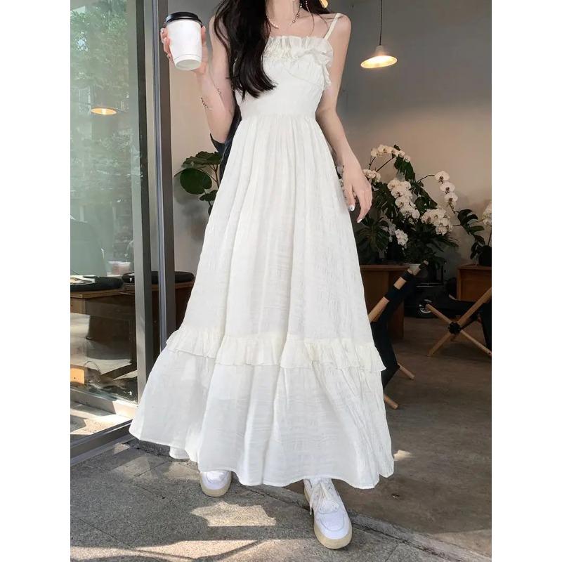 White Dress Women Sweet Ruffles Summer Sleeveless Princess Aesthetic A-line Sundress Holiday Leisure French Style Designed 2026