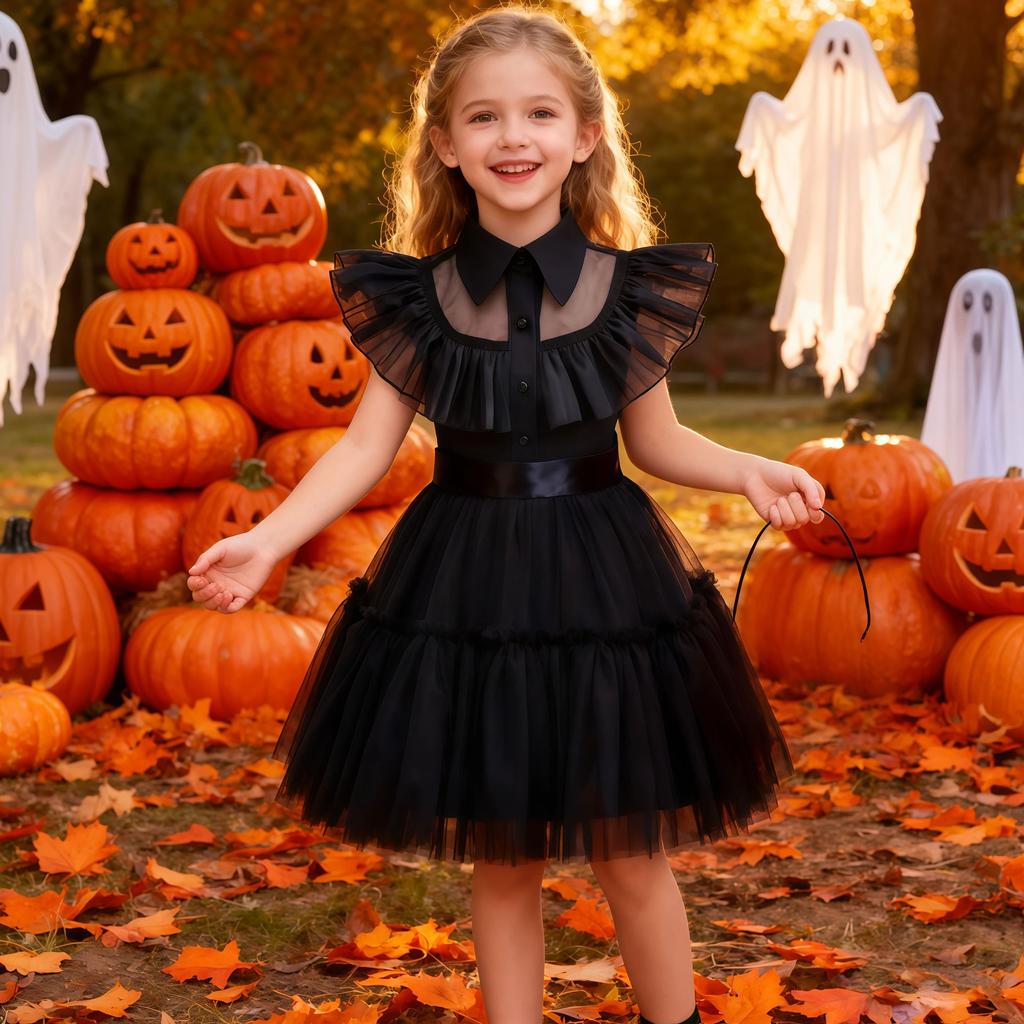 Kinder Familien Cosplay Kostüm Für Mädchen Gotisches Schwarzes Kleid Kinder Karneval Halloween Geburtstagsfeier Verkleidungsoutfits 1-6 Jahre