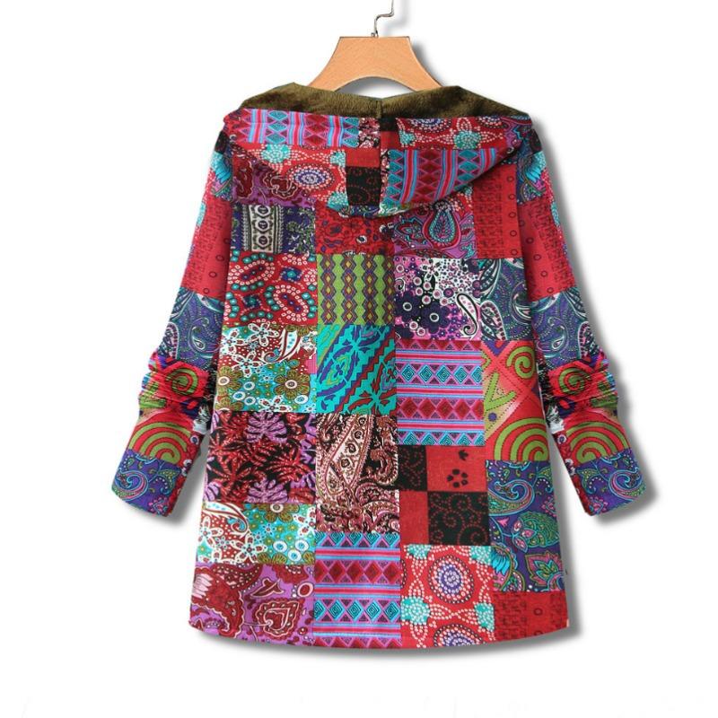 Cappotto in cotone e lino per donna, giacca con cappuccio con cerniera spessa e stampata, caldo e retrò