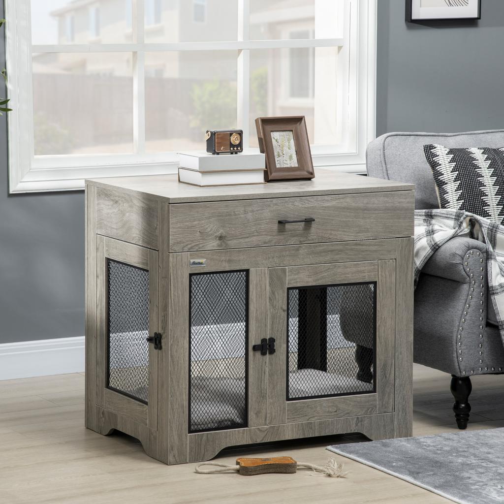 Dog Cage End Table with Two Doors, Drawer, for Medium Dogs - Grey