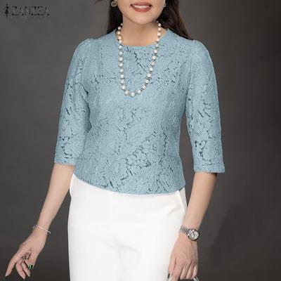 Women Casual Round Neck 3/4 Sleeve Lace Patchwork Blouse