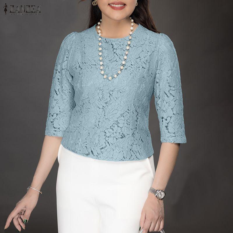 ZANZEA Kadın Günlük Yuvarlak Yaka 3/4 Kol Dantel Patchwork Bluz