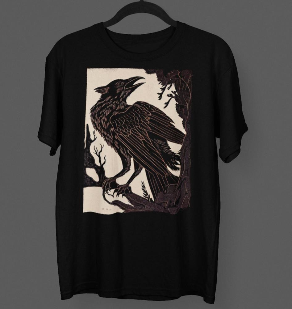 Gothic Crow Linocut T-shirt Punk Rockabilly Horror Halloween Raven Etching