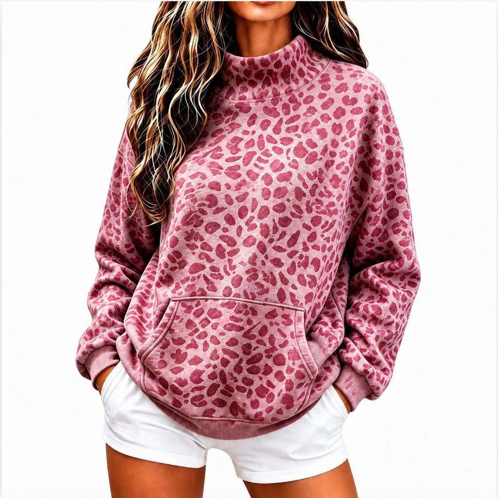 Women S Vintage Leopard Print High Neck Long Sleeve Loose Casual Hoodie