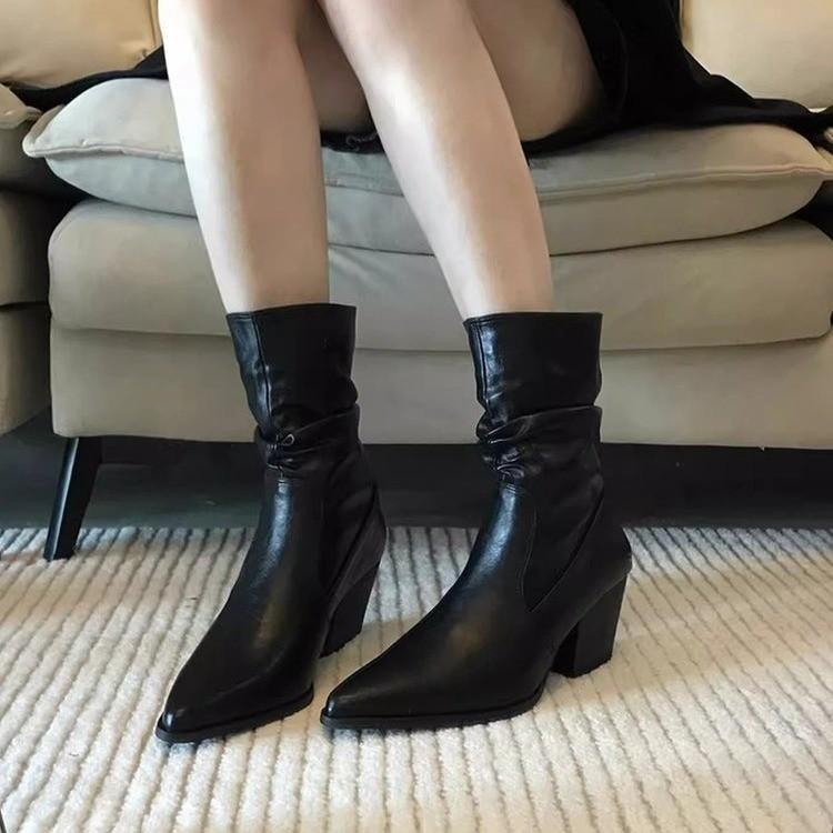 2025 Autumn and Winter Pointed Head Thick Heel Patent Leather Thin Boots Women's Medium Tube Pleated Pile Boots Western Boots Martin Boots Short Boots