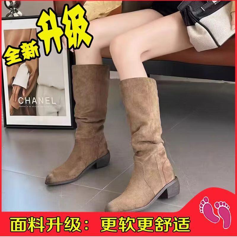 Korean version of retro long boots stacking boots thick heel high boots tall knight boots thin boots medium heel pointed cowboy boots