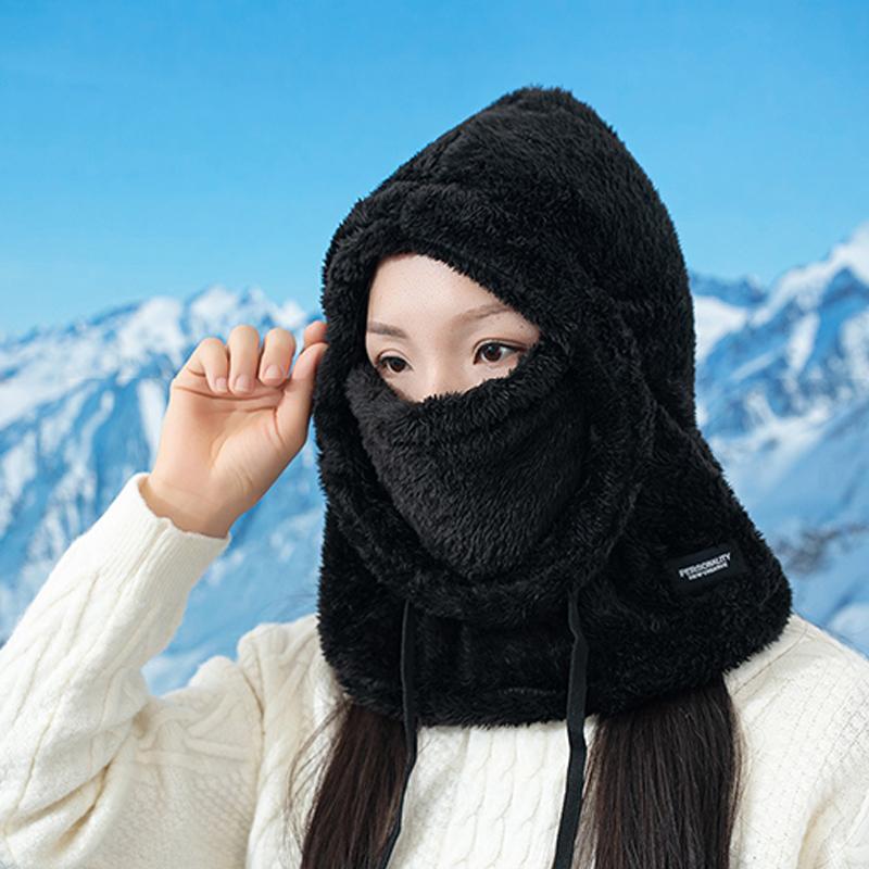 Gorro de Ciclismo à Prova de Vento de Cor Sólida Macio, Capuz Térmico de Inverno, Balaclava com Cordão, Mantenha-se Aquecido, Máscara de Esqui, Chapéu Feminino