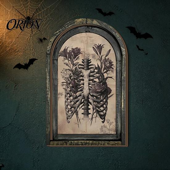 Retro Arched Picture Frame Halloween Wooden Wall Decor, Ghost Cat Double-Layer Hanging Ornament, Distressed Gothic Hazy Painting Style Tabletop Decor
