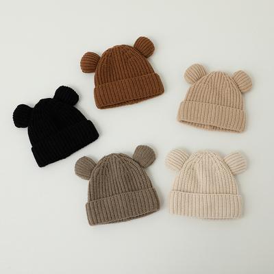 Süße warme Bärenmütze für Kleinkinder, Jungen und Mädchen, Beige, Kaffeefarbe, Cartoon-Bärenohren, Häkelmütze, warme Herbst-Winter-Strickmütze