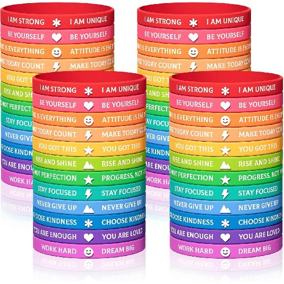 60pcs Motivational Rubber Bracelets Bulk Friendship Bracelets Colored pirational Quotes Wristbands with Positive Affirmations Gifts Rainbow Prizes