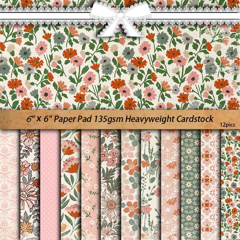 Vintage Floral Background Paper Stickers - 12 Sheets for Journal, Collage & Decoration