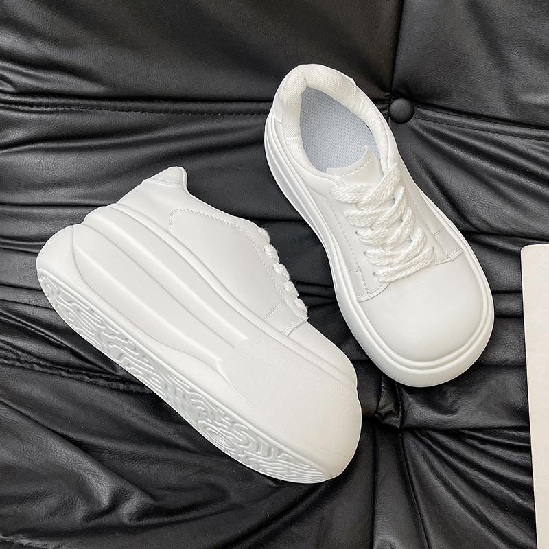 Fashion 8 CM Women's Autumn Thick Bottom Shoes Breathable Microfiber Leather Vulcanize Flat Platform Sneakers White Walking Shoes
