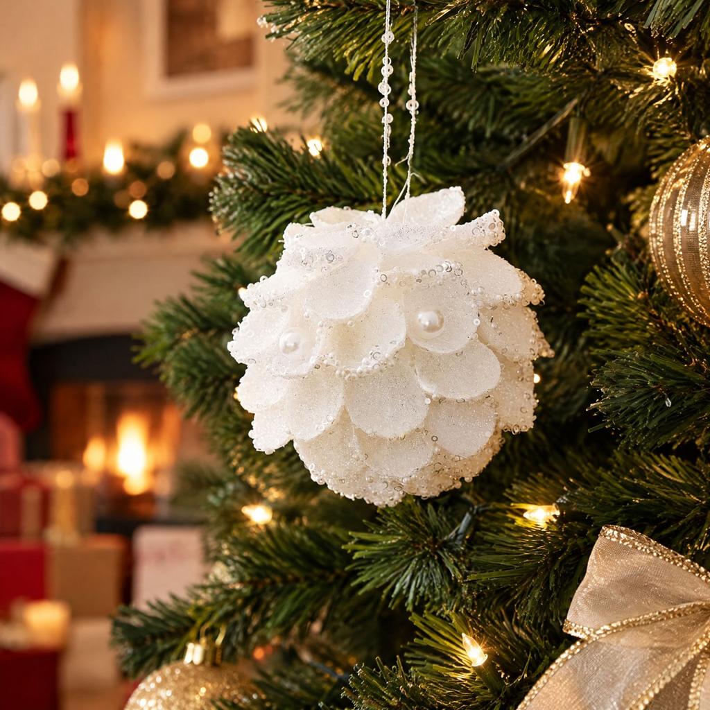 Christmas Foam Hanging Ornaments with Flocked Petal Balls and Pinecone Shapes for Holiday Party Decor