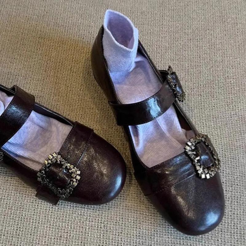Spring Flat Shoes Women's Round Head Shallow Mouth Metal Buckle Soft Sole Non-slip Wear-resistant Single Shoes