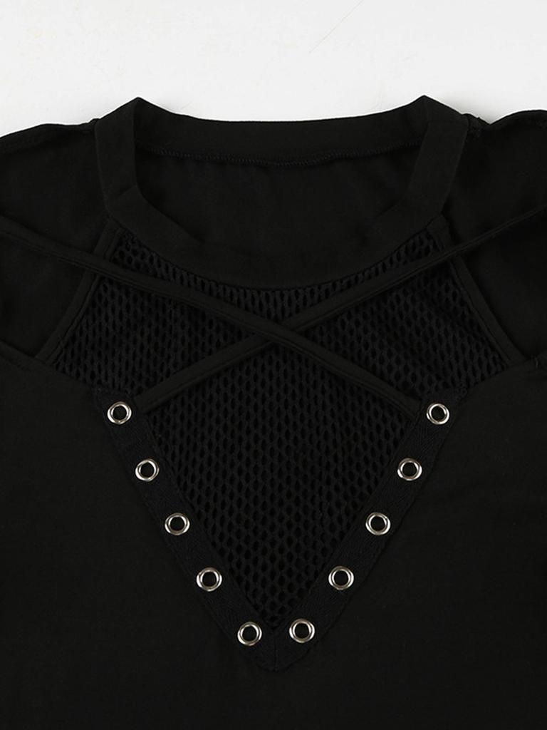 Y2K Tmavý síťovaný patchworkový slim fit sexy průsvitný top s dlouhým rukávem a výřezy