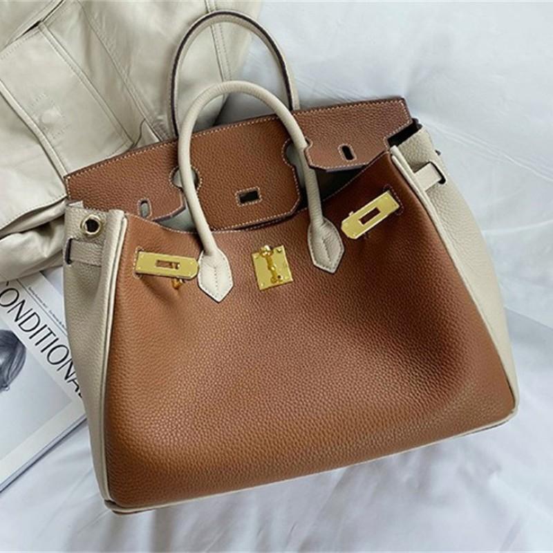 Color Block Milkshake White Khaki Tote Bag Genuine Leather Crossbody Medium Size