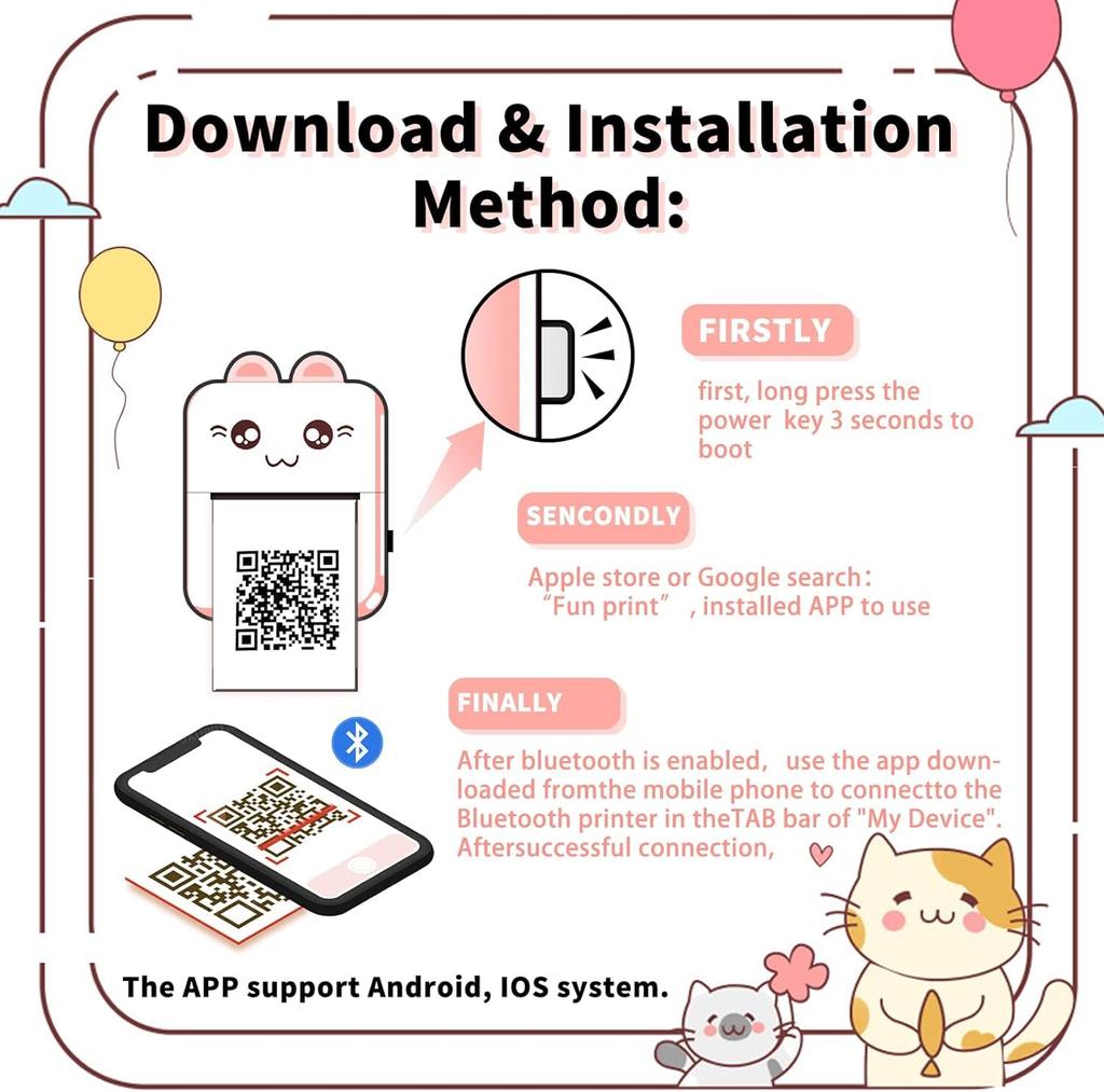Mini-Drucker, tragbarer BT-Thermodrucker ohne Tinte, Auflösung 200 DPI, eingebaute 1 Rolle antihaftbeschichtetes Thermopapier, tolles Geschenk für Mädchen oder Kinder