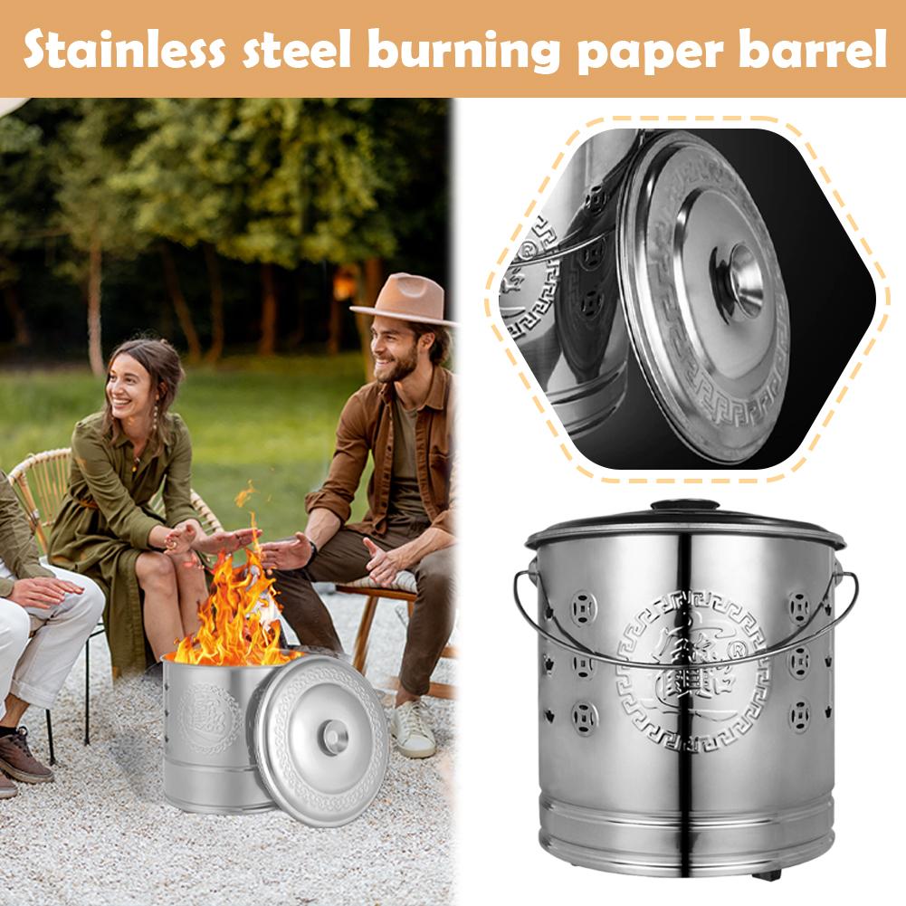 For Debris Wood Trash Leaves Burn Barrel Stainless Steel Paper Burn Bucket Carry Handle Attached  Traditional Auspicious Barrel