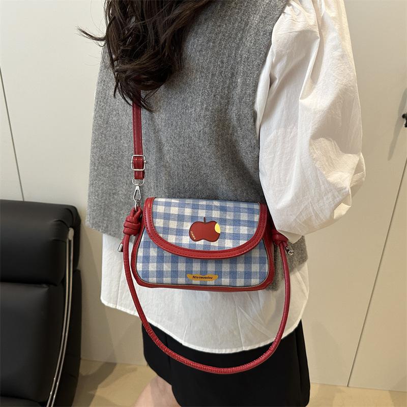 Korean Version Plaid Mini Shoulder 2025 Contrasting Color Embroidery Chain Messenger Bag Sweet and Cute Portable Fashion Saddle Bag